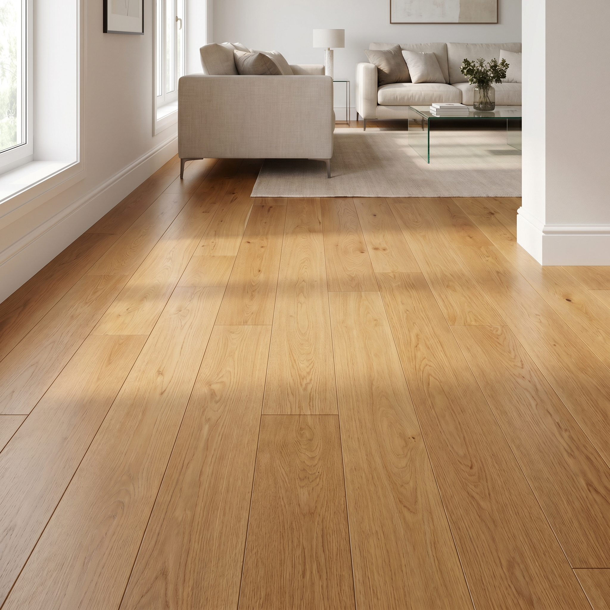 Wide plank hardwood flooring in a sunlit living room